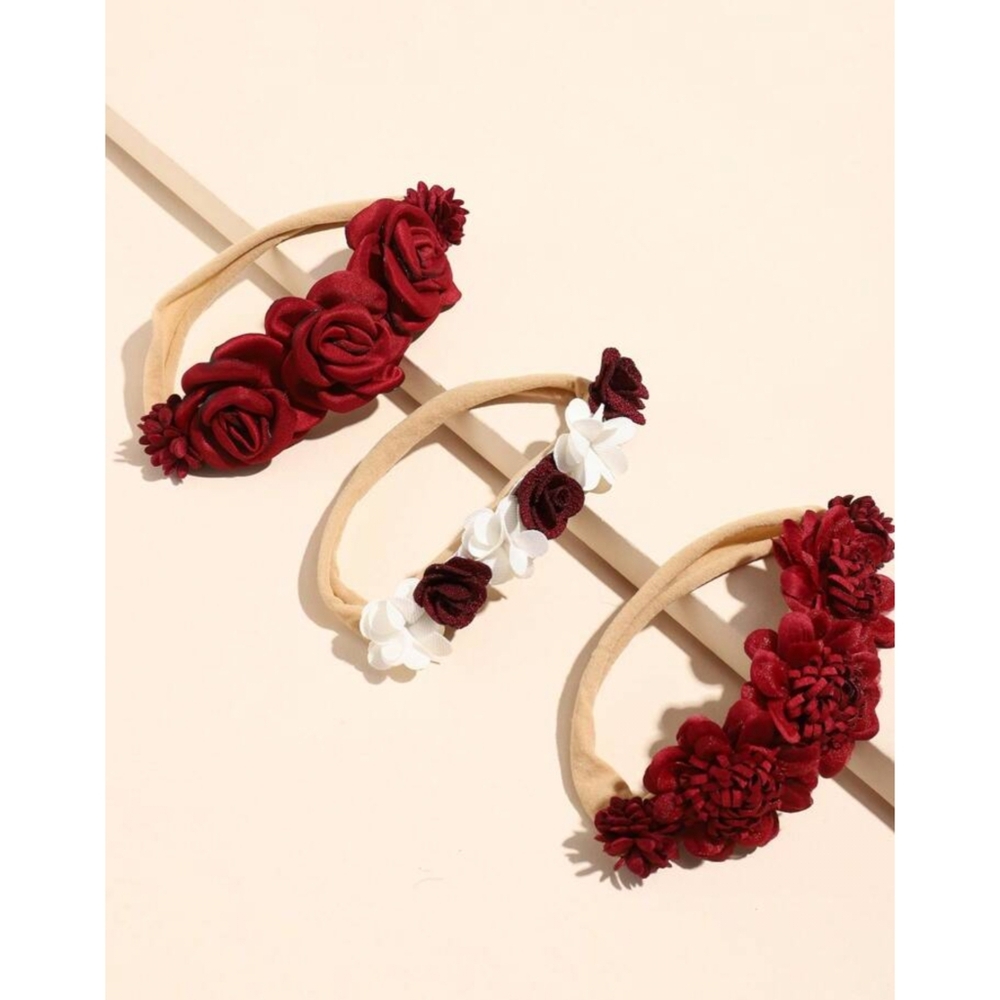 Girls 3-Piece Floral Headbands Hair Accessories, Maroon